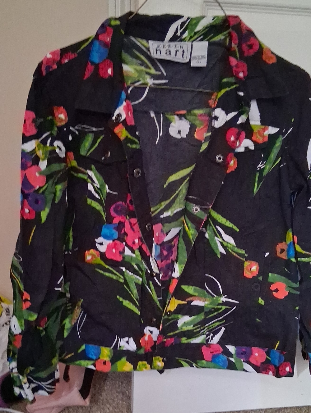 KEREN hart Black Floral Jean Jacket with Multicolor Floral Print